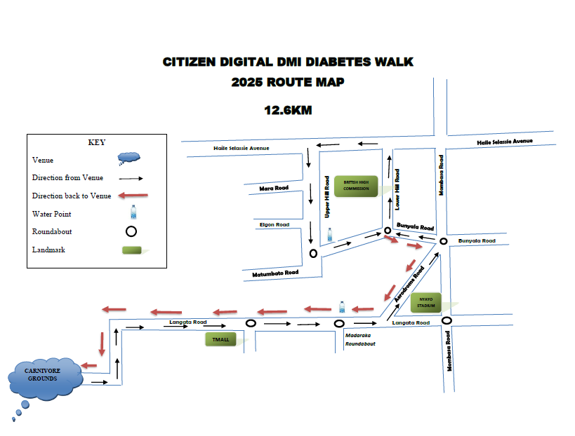 DMICentreKenya's tweet photo. 🚶‍♀️🚶‍♂️ Get Ready to Walk the Route!
Here’s the official 12.6KM Route Map for the Citizen Digital DMI Diabetes Walk 2025 happening on 12th July 🗺️💙

✅ Stay hydrated at water points
✅ Wear your walk T-shirt and walk with purpose

📍 Are you ready? Let’s make every step count! https://t.co/5K6PRRmYGp