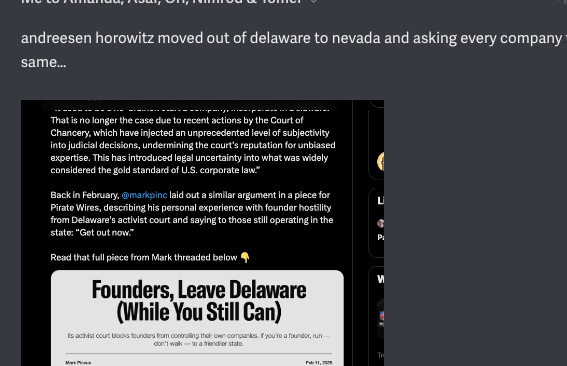 dovsmail's tweet image. a few months ago i asked our lawyers if they could move us out of delaware ASAP and at first they didn&apos;t understand what i was asking. Eventually they just laughed &amp;amp; said that no one except for elon musk would consider moving out of delaware and that i should get off of twitter.…