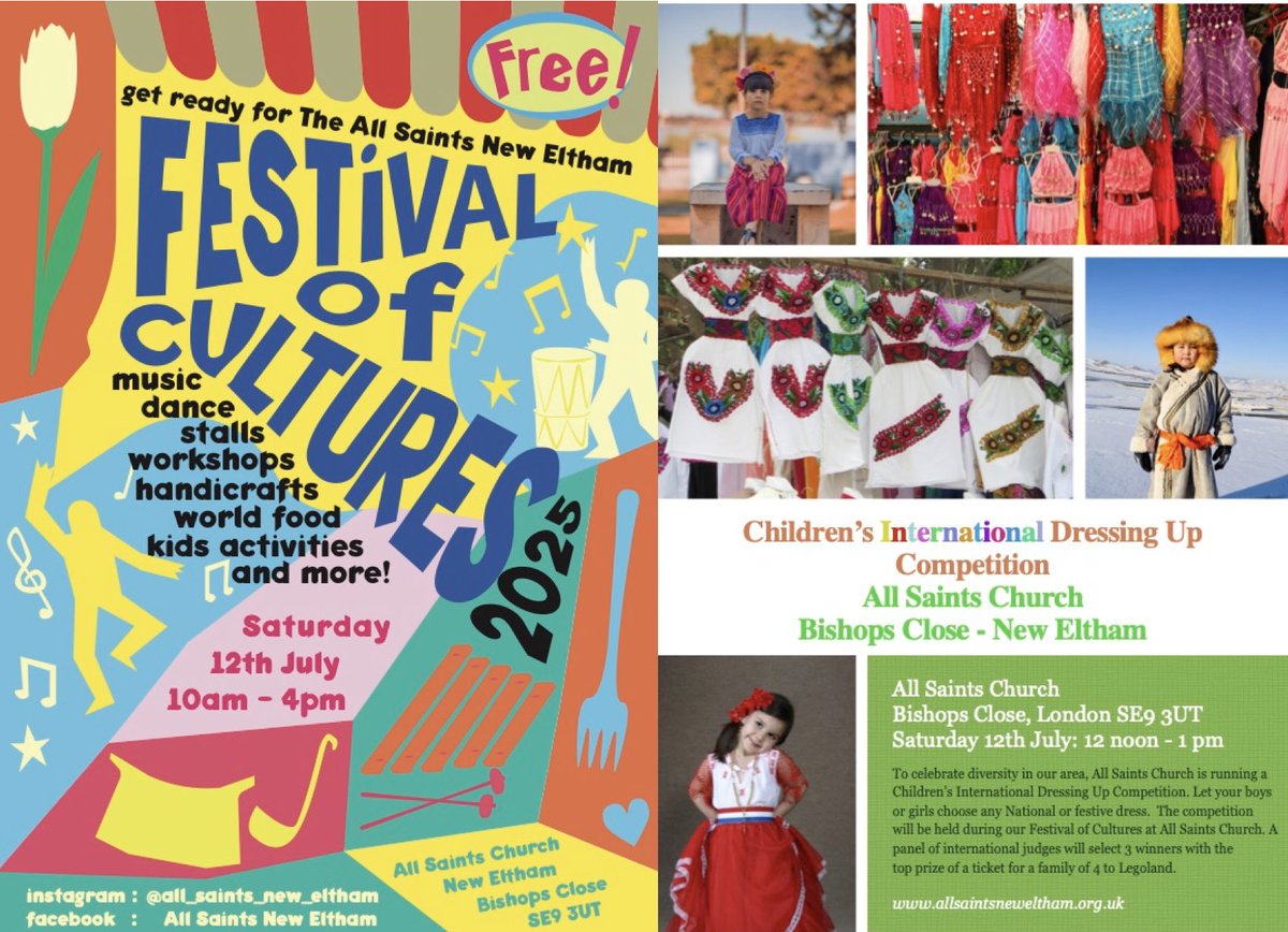 Full of fun at All Saints Church New Eltham, Saturday 12 July : 10 am-4 pm. 
Register on the day for Children's Dressing Up Competiton on the day before 11 am.
Play African drum, join the Kabya Lut Burmese Dance, or take part on Morris Dancing. 
All is free. See youn on Saturday