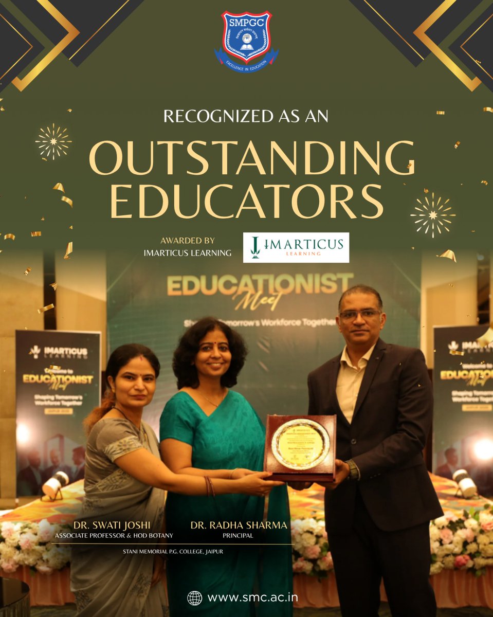 smpgc_jaipur's tweet image. A Proud Moment for SMPGC!
Our Principal Dr. Radha Sharma and Dr. Swati Joshi (HOD, Botany) have been honoured as Outstanding Educators by Imarticus Learning.

#SMPGC #stanimemorial #imarticuslearning #educationistmeet2025 #Outstandingeducators #pgcollege #Jaipurcolleges