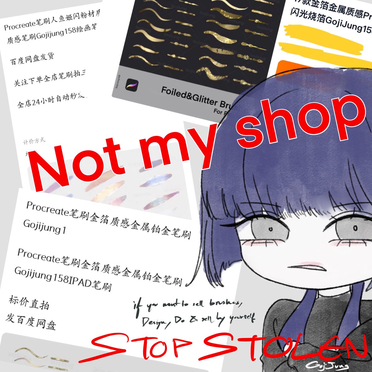 I never have sale agents. Don’t buy from thieves. I have  3 platforms.
เราไม่มีตัวแทนขาย ทุกบรัชทำเองขายเอง ช่องทางมีดังนี้ค่ะ

GUMROAD gojijung158.gumroad.com
VGen vgen.co/GojiJung158/sh…
Friendii friendii.art/gojijung158/sh…

Thank you for supporting. 💜
ขอบคุณทุกคนที่สนับสนุนค่ะ