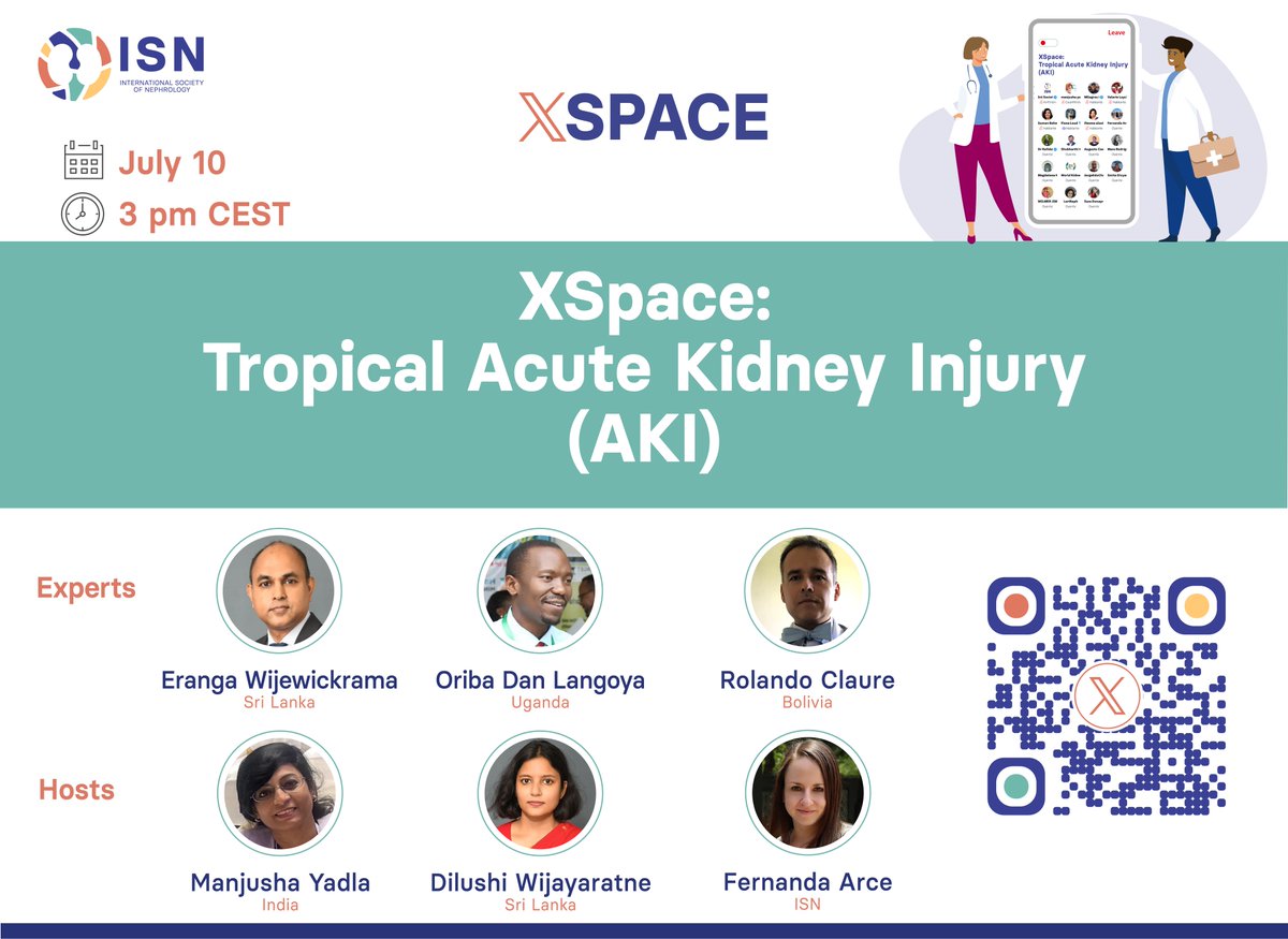 Int Society of Nephrology (@isnkidneycare) on Twitter photo 𝗧𝗢𝗗𝗔𝗬: Space: "Tropical AKI"
🗣️ <a href="/DrOribaDan/">Dr. Oriba Dan Langoya</a>, <a href="/eranga_wije/">Eranga Wijewickrama</a>, <a href="/RClaure_nefro/">Rolando Claure, MD, FASN, FISN 🇧🇴</a>
👥 <a href="/myadla/">manjusha yadla</a>, <a href="/Dilushiwijay/">Dilushi Wijayaratne</a>, <a href="/FerArceAmare/">Fernanda Arce-Amaré</a>
🗓️ July 10
🕒 3 pm CEST
🔗 Join here: x.com/i/spaces/1YpKk… #WorldSnakeDay 𝗧𝗢𝗗𝗔𝗬: Space: "Tropical AKI"
🗣️ <a href="/DrOribaDan/">Dr. Oriba Dan Langoya</a>, <a href="/eranga_wije/">Eranga Wijewickrama</a>, <a href="/RClaure_nefro/">Rolando Claure, MD, FASN, FISN 🇧🇴</a>
👥 <a href="/myadla/">manjusha yadla</a>, <a href="/Dilushiwijay/">Dilushi Wijayaratne</a>, <a href="/FerArceAmare/">Fernanda Arce-Amaré</a>
🗓️ July 10
🕒 3 pm CEST
🔗 Join here: x.com/i/spaces/1YpKk… #WorldSnakeDay