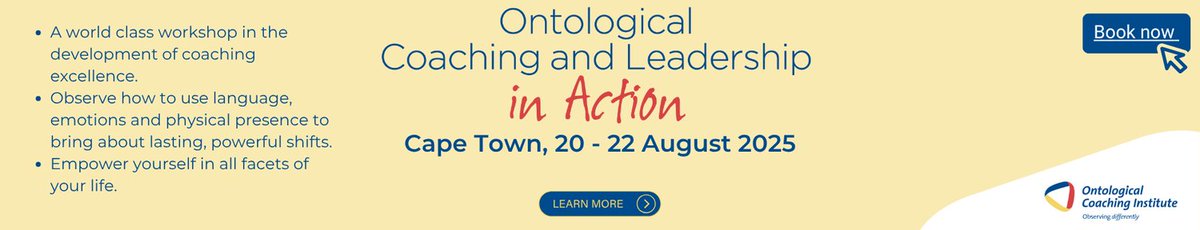 Join us for with this world class, transformational workshop taking place in Cape Town 20 -22 August 2025

Go to:  ontologicalcoaching.co.za/ontological-co…

#ontology #ontologicalcoaching #leadership #icfcredential