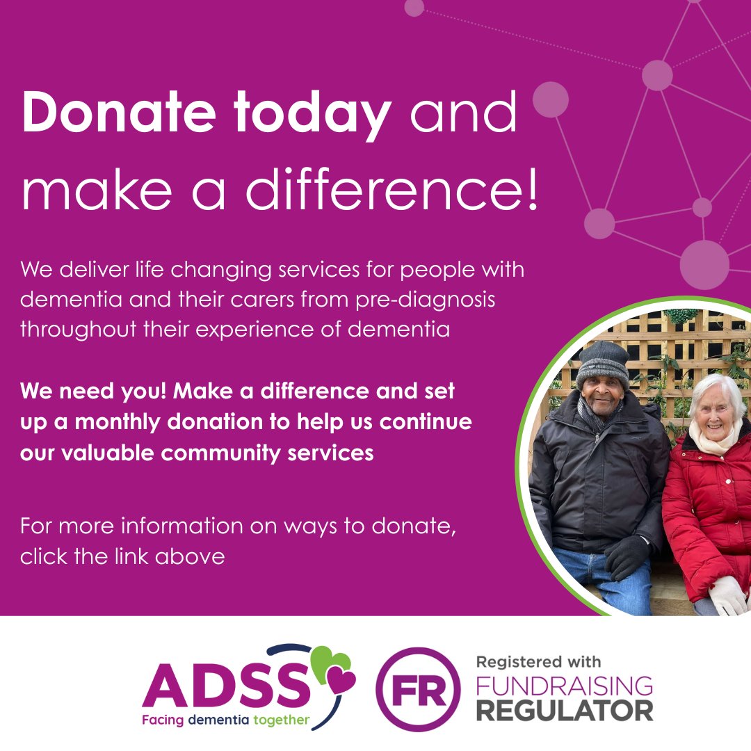 Support people living with dementia by helping us provide life-changing care, every step of the way.

👉 Set up your regular gift today.

Visit our website to find ways to donate: 
alz-dem.org/appeal/alzheim…  

#ADSS #Dementia #Alzheimers #FacingDementiaTogether #DonateMonthly