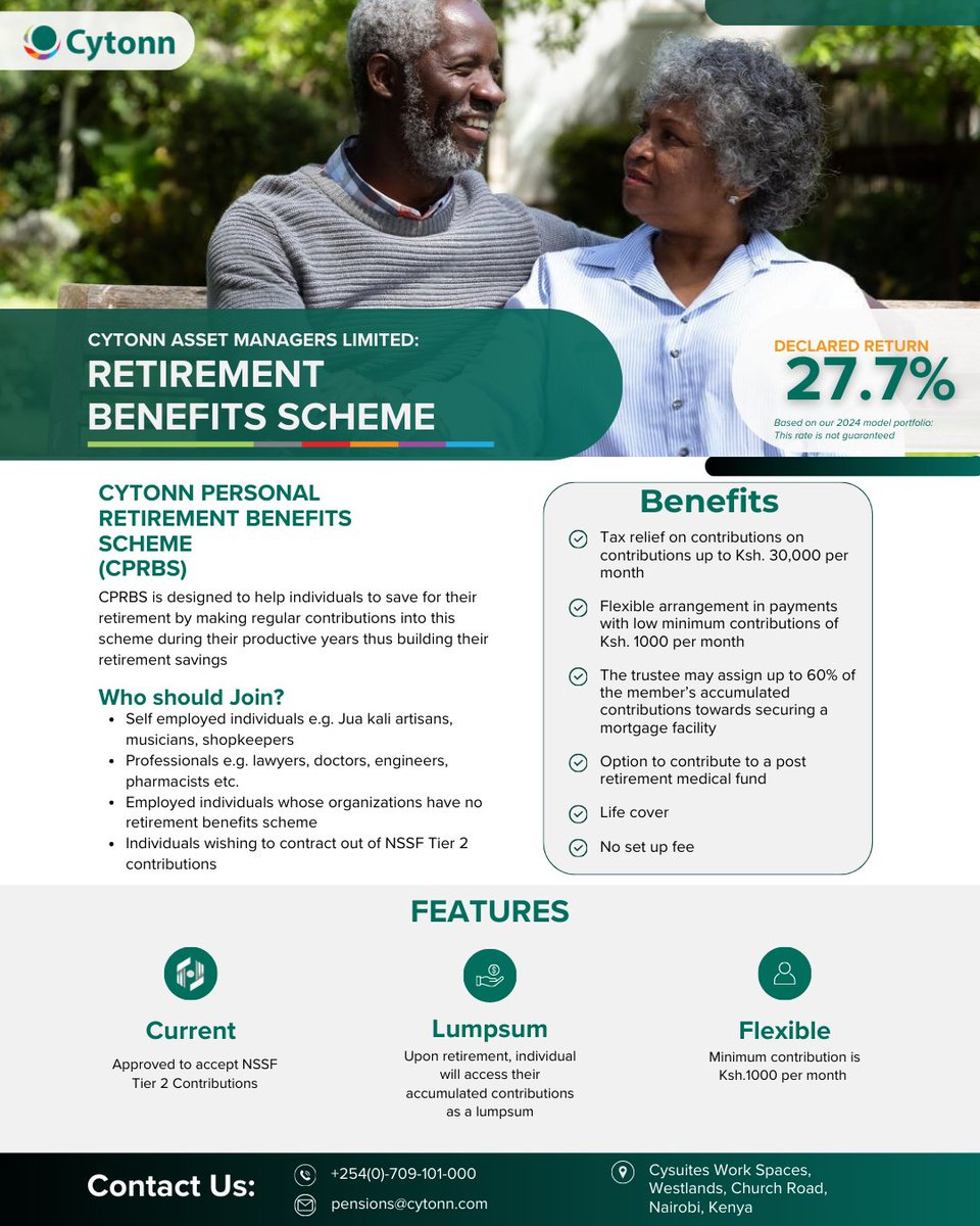 Myth: “You need a full-time job or a payslip to save for retirement.”
Truth: You just need consistency and a plan.

With CPRBS, you can start saving with as little as Ksh. 1,000/month, no employer needed. Whether you’re self-employed, in the informal sector, CPRBS makes long-term