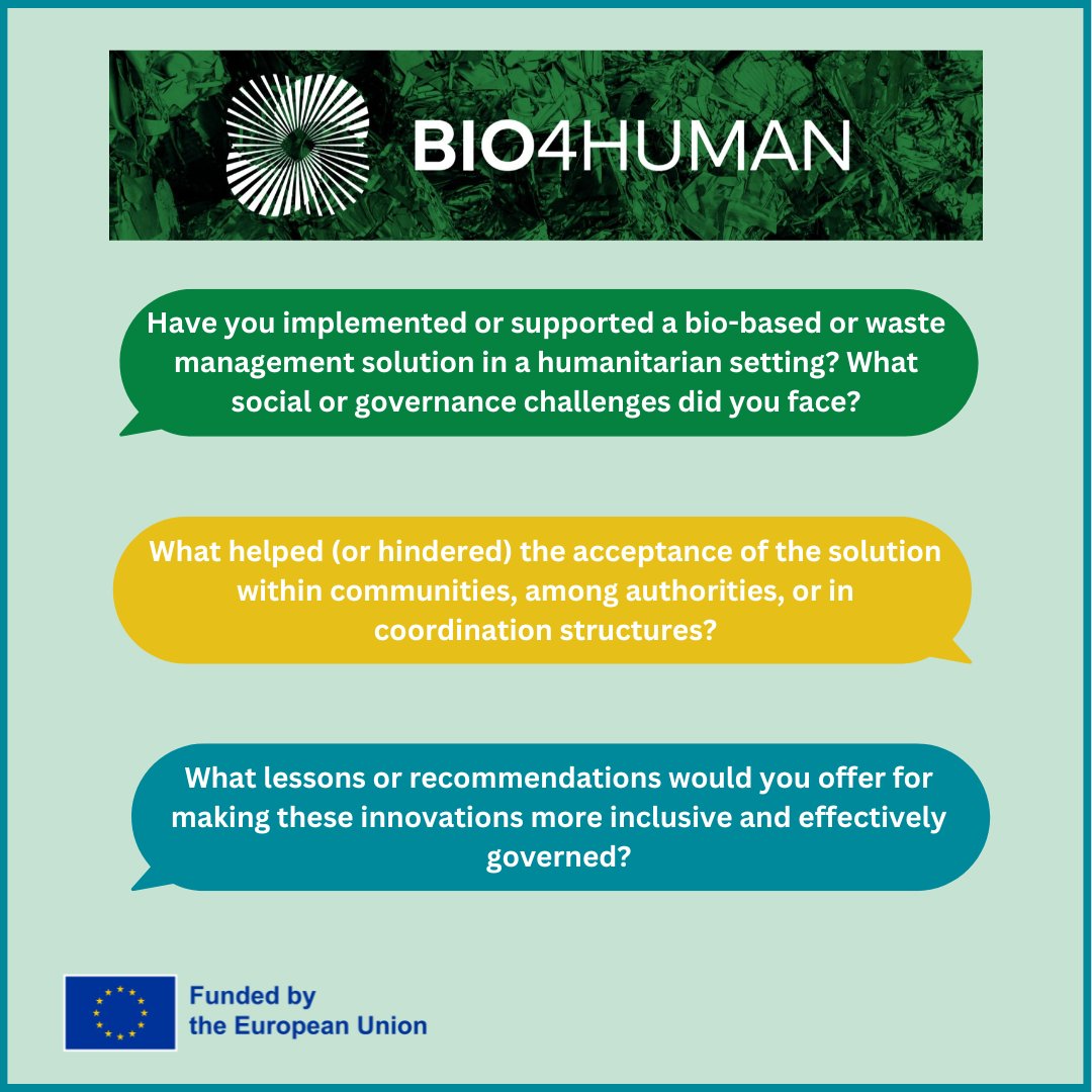 bio_4_human's tweet image. 🚨 Help us choose the best bio-based solutions!
#Bio4HUMAN wants your insights on the social & governance challenges of bio-based innovations in humanitarian aid. What works, what doesn’t?
Follow our discussion here: linkedin.com/feed/update/ur…
#HorizonEurope #HumanitarianAid