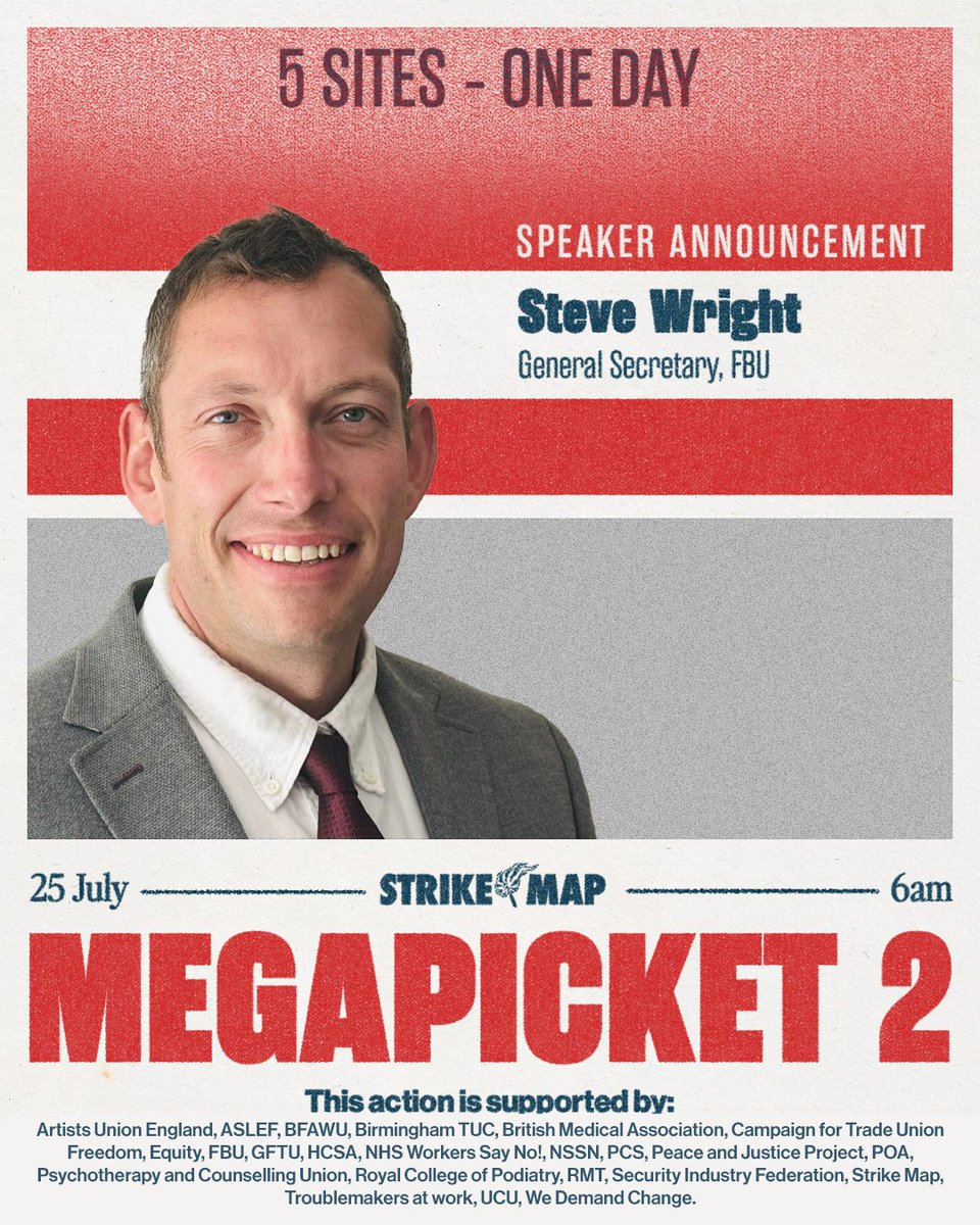 Strike Map (@strike_map) on Twitter photo 📢🗣️SPEAKER ANNOUNCEMENT
Join <a href="/UnionSteveW/">Steve Wright</a> at #Megapicket2 on 25 July:
bit.ly/RSVPMegapicket…
5 sites. One Day!
#StrikeMap #Birmingham #BrumBinStrike #BirminghamBinStrike #Solidarity 📢🗣️SPEAKER ANNOUNCEMENT
Join <a href="/UnionSteveW/">Steve Wright</a> at #Megapicket2 on 25 July:
bit.ly/RSVPMegapicket…
5 sites. One Day!
#StrikeMap #Birmingham #BrumBinStrike #BirminghamBinStrike #Solidarity