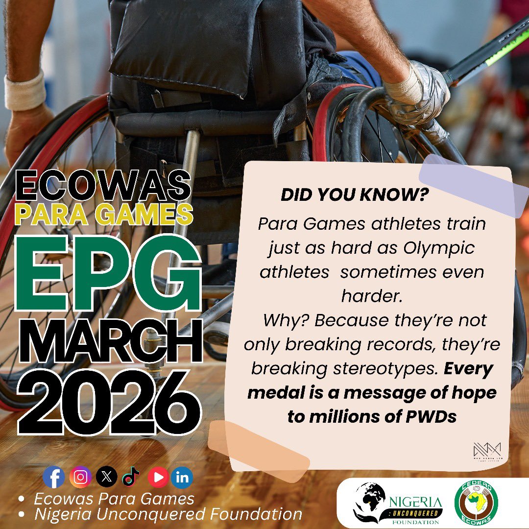 Strength knows no limits! 🏆

At the #ECOWASParaGames, athletes redefine what’s possible proving disability is not inability. Nigeria Unconquered, it’s time! 🥇💪🔥

Are you ready?

#Unstoppable #ParaGames2026 #NigeriaUnconquered #ParaSports #GameChangers