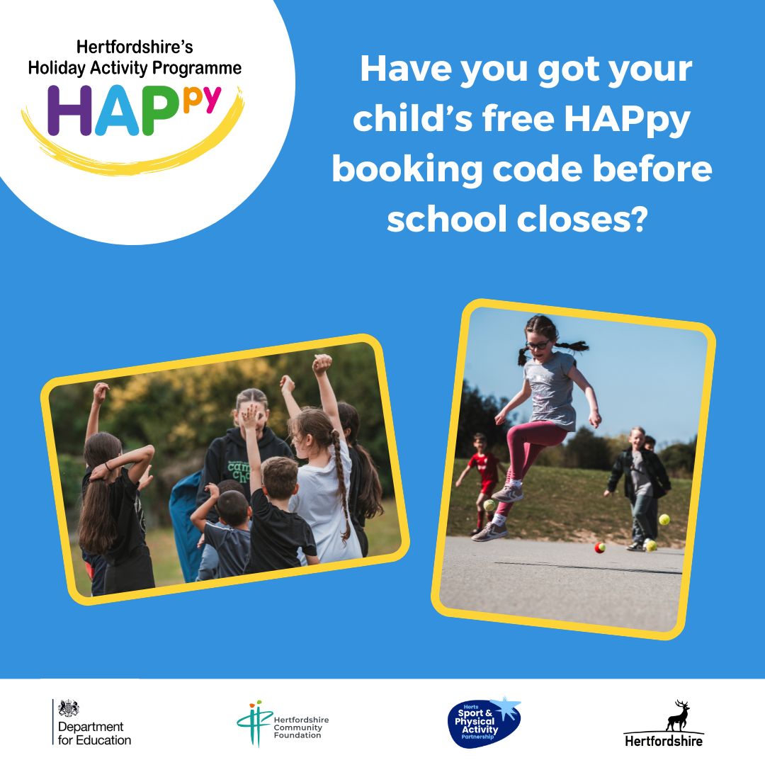 If your child or teen get benefits-related free school meals, make sure you have got your their unique HAPpy booking code before school closes. 

Spaces filling fast so don't miss out!

Book using the code from school at bit.ly/BookHAPpyHSP

#HAF2025 #SummerCamps