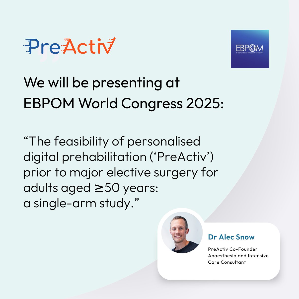 It's Abstract Competition Day at <a href="/EBPOM/">EBPOM</a>  World Congress!

Catch our co-founder, Dr Alec Snow, presenting on personalised digital prehabilitation at 3 PM today.

Thrilled to be part of an inspiring line-up!

#EBPOM2025 #Prehabilitation #Surgery #Innovation #NIA2025 #DHLAccelerator