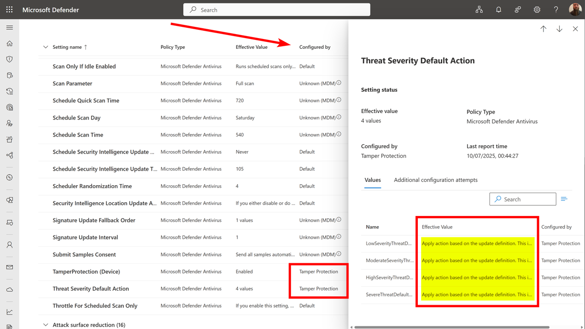 A hidden gem in MDE’s new effective settings page is revealing which admin-set values are ignored by tamper protection's enforcement of known good ones.

For example, threat actions (quarantine, etc) are protected by TP which enforces response based on Defender definitions.