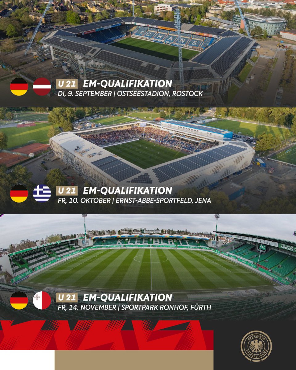 DFB-Nachwuchs (@dfbnachwuchs) on Twitter photo Im Herbst starten wir mit einer neuen #U21 in den nächsten Zweijahreszyklus. 🤗 Alle Termine in 2025! 👇
ℹ️ Tickets für das erste Heimspiel in Rostock (Anstoß 20.30 Uhr) gibt's ab Montag, 10 Uhr:
🎫 dfb.social/DFBTicketportal
<a href="/HansaRostock/">F.C. Hansa Rostock</a> <a href="/fccarlzeissjena/">FC Carl Zeiss Jena</a> <a href="/kleeblattfuerth/">SPVGG GREUTHER FÜRTH</a> Im Herbst starten wir mit einer neuen #U21 in den nächsten Zweijahreszyklus. 🤗 Alle Termine in 2025! 👇
ℹ️ Tickets für das erste Heimspiel in Rostock (Anstoß 20.30 Uhr) gibt's ab Montag, 10 Uhr:
🎫 dfb.social/DFBTicketportal
<a href="/HansaRostock/">F.C. Hansa Rostock</a> <a href="/fccarlzeissjena/">FC Carl Zeiss Jena</a> <a href="/kleeblattfuerth/">SPVGG GREUTHER FÜRTH</a>