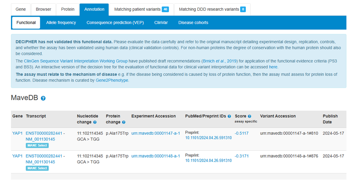 deciphergenomic's tweet image. Additional functional data from Multiplexed Assays of Variant Effect (MAVEs) are now displayed on functional tabs. Previously only published datasets were displayed, now datasets with a preprint are available @varianteffects