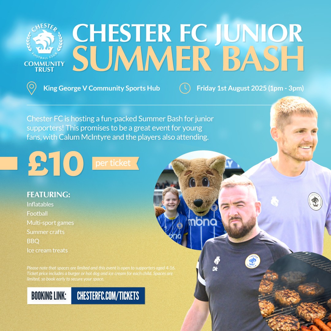 Chester FC Community Trust (@cfc_commtrust) on Twitter photo โ๏ธ ๐๐ต๐ฒ๐๐๐ฒ๐ฟ ๐๐ ๐ฆ๐๐บ๐บ๐ฒ๐ฟ ๐๐ฎ๐๐ต โ๏ธ
Tickets are selling fast for our first ever summer party for junior supporters on Friday 1st August! ๐
Featuring inflatables, football and multi-sport games, summer crafts, BBQ, and ice cream, this is an event not to be missed! โ๏ธ ๐๐ต๐ฒ๐๐๐ฒ๐ฟ ๐๐ ๐ฆ๐๐บ๐บ๐ฒ๐ฟ ๐๐ฎ๐๐ต โ๏ธ
Tickets are selling fast for our first ever summer party for junior supporters on Friday 1st August! ๐
Featuring inflatables, football and multi-sport games, summer crafts, BBQ, and ice cream, this is an event not to be missed!