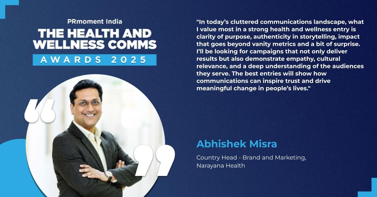 PRmoment India (@prmomentindia) on Twitter photo Welcoming #AbhishekMisra, Country Head - Brand and Marketing at <a href="/NarayanaHealth/">Narayana Health</a>, to our esteemed jury! He seeks clarity of purpose, authenticity, and impact that goes beyond metrics.
Submit your entries! #HealthComms #WellnessAwards #PR
healthcommsawards.com
<a href="/PaarulC/">Paarul Chand</a> Welcoming #AbhishekMisra, Country Head - Brand and Marketing at <a href="/NarayanaHealth/">Narayana Health</a>, to our esteemed jury! He seeks clarity of purpose, authenticity, and impact that goes beyond metrics.
Submit your entries! #HealthComms #WellnessAwards #PR
healthcommsawards.com
<a href="/PaarulC/">Paarul Chand</a>