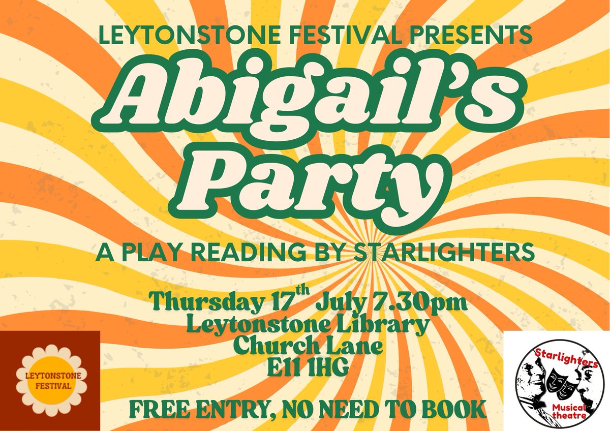 We are thrilled to be putting on a fully staged play reading of the wonderful play 'Abigail's Party'.  It will be on Thursday 17th July, 7.30pm at Leytonstone Library and is part of the Leytonstone Festival.  No need to book, just turn up. #theatre #comedy #communitytheatre