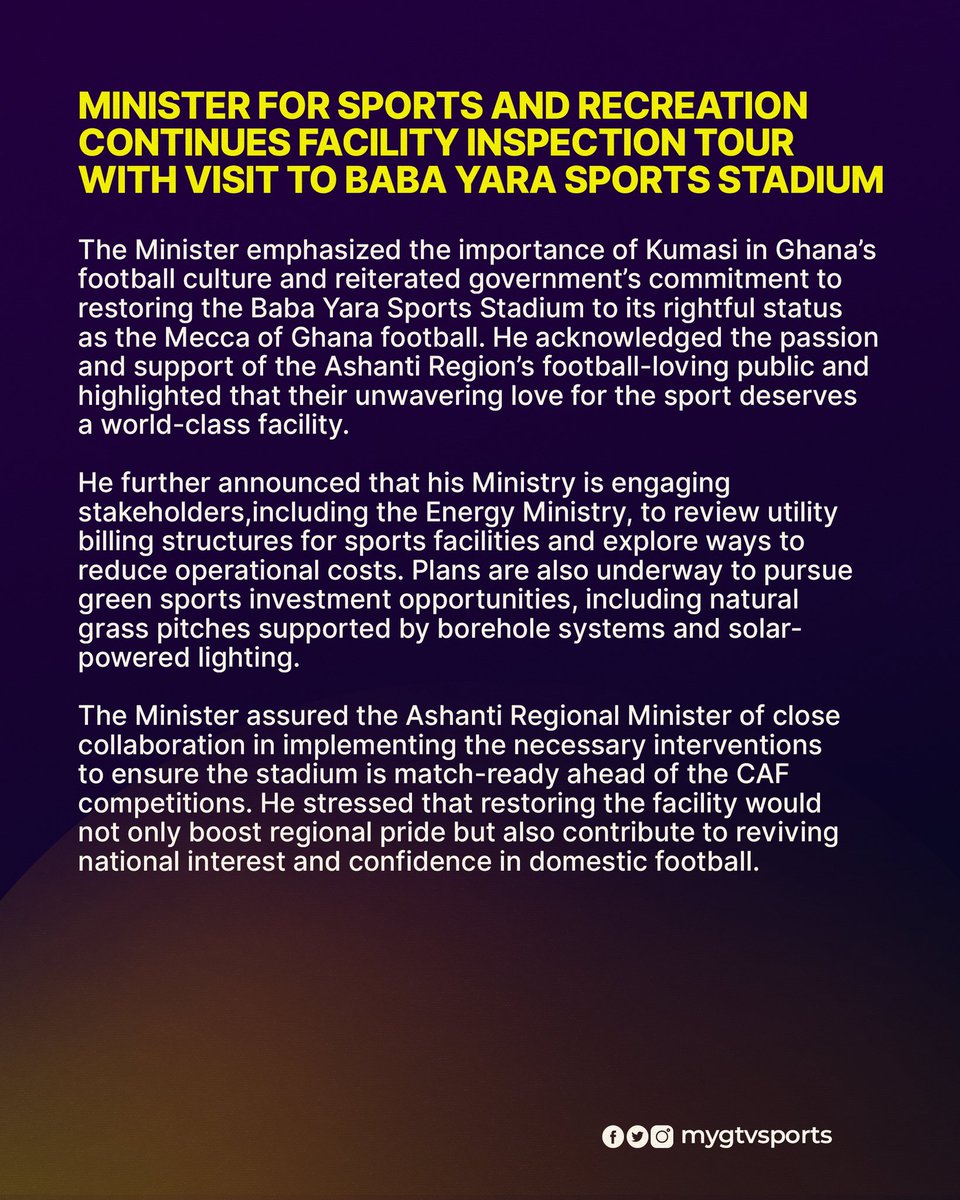 mygtvsports's tweet photo. Sports and Recreations Minister Hon. Kofi Adams statement after visiting the Baba Yara Stadium

#GTVSports https://t.co/25O1xw9Rjl