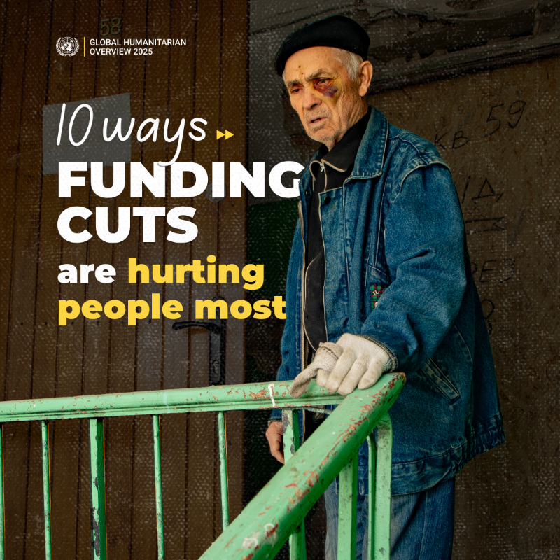 UNOCHA's tweet photo. ⚠️ Millions of people's lives are hanging in the balance due to drastic humanitarian funding cuts.

Vital services, life-saving programmes and organizations are shutting down in the world's most devastating crises.

Here are 10 areas where these cuts are hitting hardest.