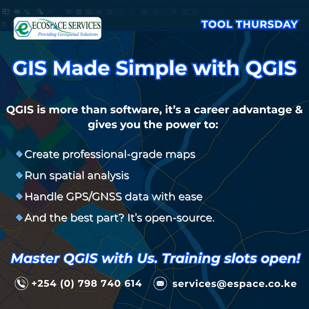 EcospaceLimited's tweet image. Tool Thursday 🔧
QGIS isn’t just free, it’s powerful.
Used by pros. Perfect for beginners.
At @EcospaceLimited, we train you to make the most of it.
Ready to map smarter?
📧 services@espace.co.ke | 📞 0798 740614

#QGIS #GIStraining #ToolThursday #OpenSourceGIS