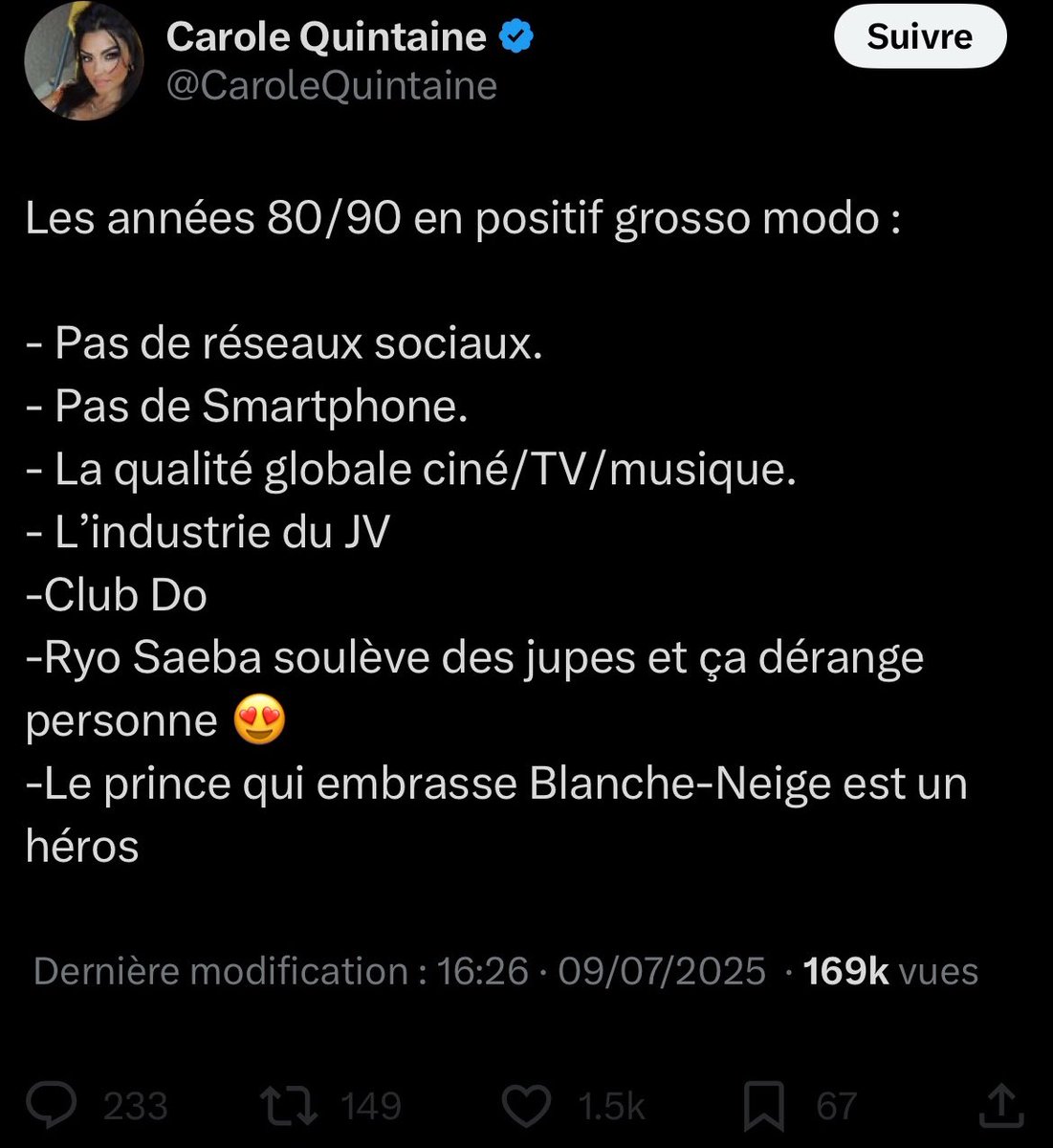 Brian_PnT's tweet photo. Carole rêve d’un monde sans smartphones, sans réseaux, mais avec des mains sous les jupes.

C’est fascinant comme certaines femmes médiatiques parviennent à regretter l’époque où on les traitait comme du mobilier sexuel. Un beau syndrome de Stockholm version Club Dorothée. https://t.co/oFMTsgmIP0