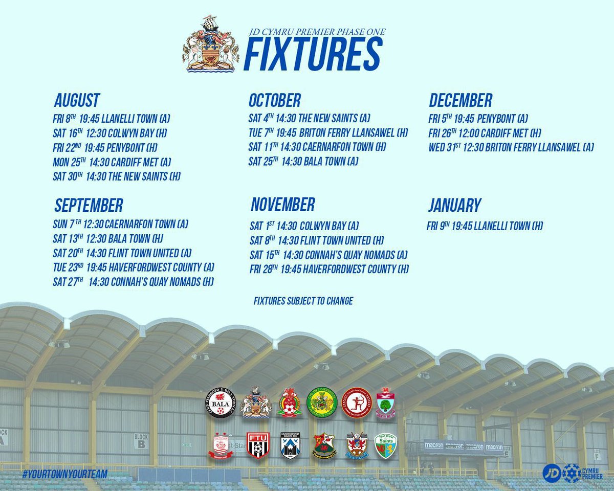 Our fixtures for the 25/26 JD Cymru Premier Phase One have arrived! ⚽️ 

Which game are you most looking forward to? ⏩

All fixtures will be loaded onto Fanbase shortly. Season Tickets are still available via Fanbase and at the clubhouse! 💛💙

#YourTownYourTeam