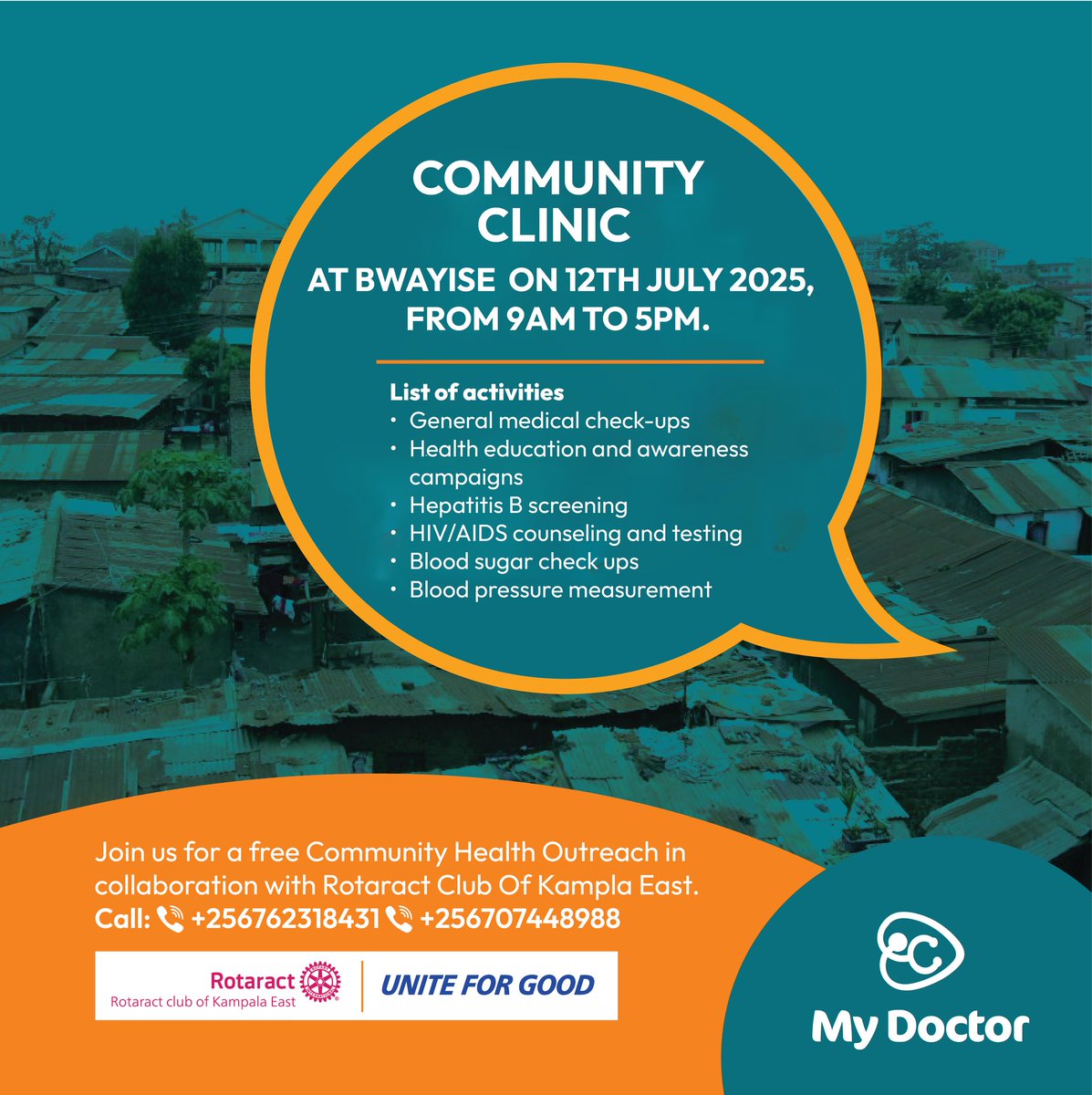 MyDoctorNow's tweet image. The @MyDoctorNow Community Health Clinic in Bwaise will provide general medical check-ups, Hepatitis B testing, HIV counseling and testing, blood sugar and blood pressure checks, and health awareness sessions all for free. Join us on 12th July 2025 and take charge of your health.