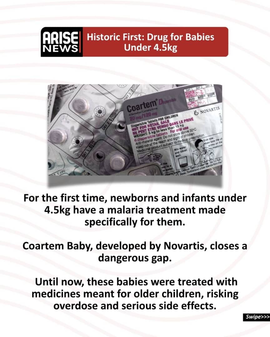 ARISEtv's tweet photo. A major leap for paediatric care in Africa: after decades of improvised dosing, a tailored malaria drug for newborns has arrived. Backed by clinical research and global health partners, the continent is set to close one of its most dangerous treatment gaps.
#MalariaBreakthrough #ChildHealth #AfricaNews #CoartemBaby