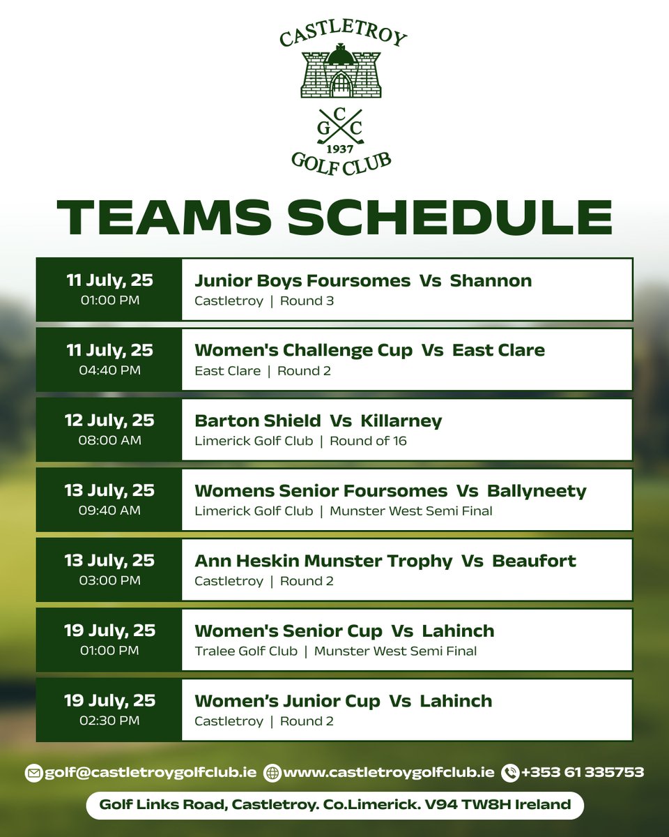 📢 JULY TEAM FIXTURES
Castletroy GC is hitting the greens strong this month!
⛳ Junior Boys • Women’s Challenge • Barton Shield
🗓️ 11–19 July
📍 Home &amp; Away Matches

Let’s rally behind the squad! 💪

#GolfIreland #CastletroyStrong #MunsterGolf #IrishSports #TeamSpirit