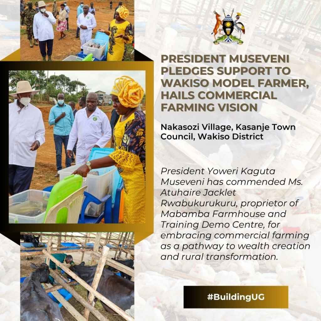 President Yoweri Museveni has hailed Atuhaire Jacklet, a model farmer from Wakiso District, for her innovative approach to commercial farming. He's pledged support for her Mabamba Farmhouse and Training Demo Centre, recognizing its potential for wealth creation and rural