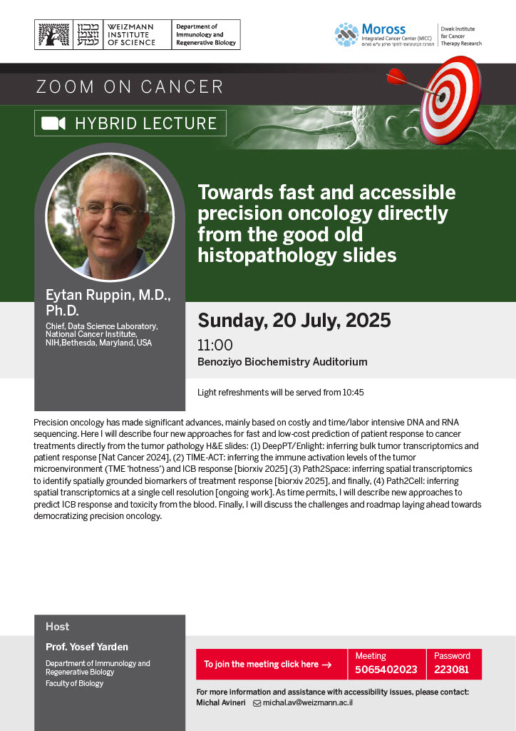 IRB_Department's tweet image. Dr. Eytan Ruppin will present for #DICC on the topic: 

Towards fast and accessible precision oncology directly from the good old histopathology slides

Sunday, July 20 at 11:00 - Benoziyo Auditorium and via Zoom: weizmann.zoom.us/j/5065402023?p…