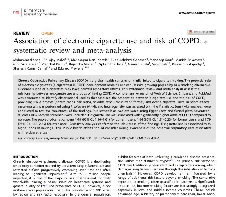 New meta-analysis found a statistically significant increased odds of having #COPD chronic obstructive pulmonary disease 🫁 in current, former, and ever #ecigarette users.

nature.com/articles/s4153…