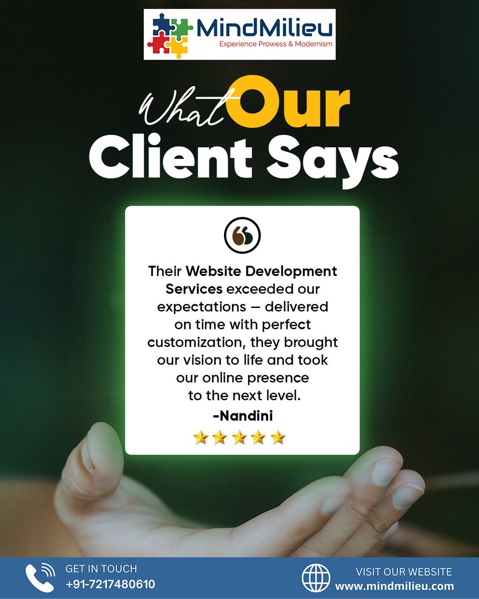 mindmilieu's tweet photo. 💻✨ “Exceeded our expectations!” — Nandini 🌟
Mind Milieu turned their vision into a high-performing website! Ready to elevate YOUR digital presence? 🚀
👉 https://t.co/WQcIlHezop | 📞 +91-7217480610
#ClientReview #WebDevelopment #MindMilieu #DigitalSuccess #YourVisionOurCode https://t.co/dMqBCdqrlW