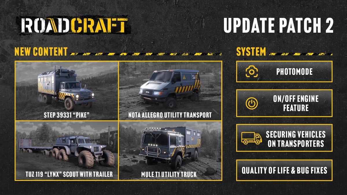 🚧 #RoadCraft Patch 2 is live!

This update adds 3 SAR recovery vehicles, a versatile scout transporter, Photo Mode, vehicle transporter support, engine on/off via handbrake, less rain 🌧️, key fixes &amp; technical improvements.

👉 Patch notes: tinyurl.com/4sd2vepr