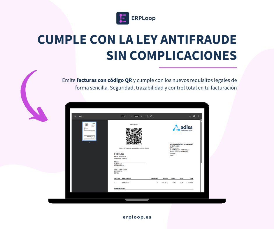 ADISSInforma's tweet image. 📢 ¡Atención autónom@s y empresas!
En 2026 todas las facturas deberán incluir un código QR según la nueva Ley Antifraude.
✅ Con #ERPLoop:
✔️ Facturas con QR automático
✔️ Cumplimiento legal
✔️ Seguridad y control
💡 Adelántate → erploop.es
#CódigoQR #FacturaSegura