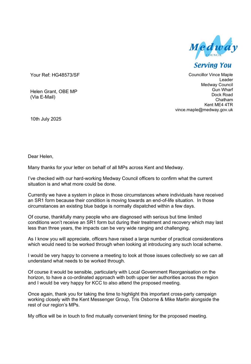 We’ve responded to Helen Grant’s cross-party letter on improving Blue Badge access for people with serious but time-limited conditions.

Thanks to Medway Council officers for their work on this — we’re keen to bring councils together to explore how we can do more.