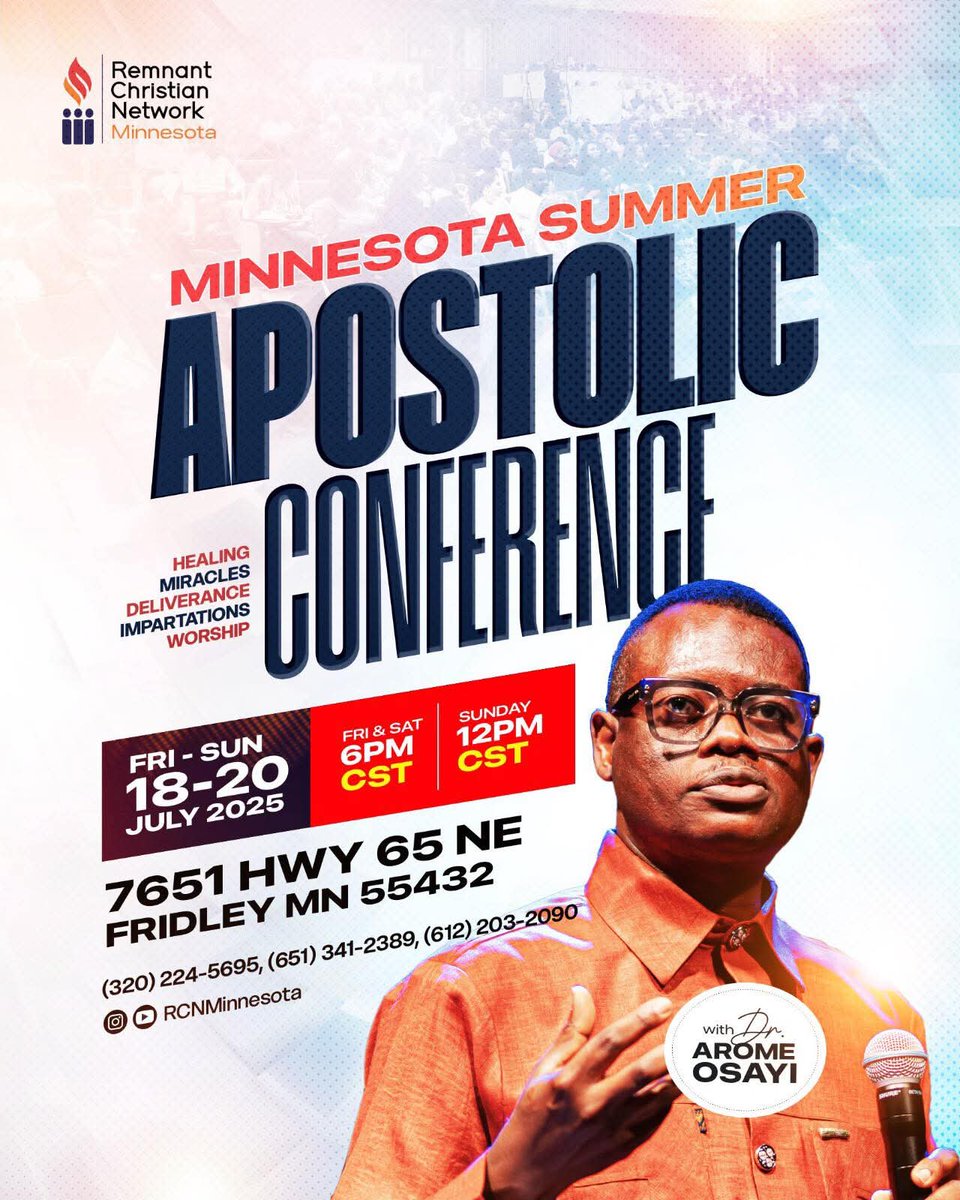 ApostleArome's tweet image. At the Lord’s behest, we shall gather at MINNESOTA for a summer apostolic conference designed to equip & empower saints with tools to do effective kingdom labours.
Pray, partner, plan & prepare to attend.
#ApostleAromeOsayi
#aromeosayi
#apostlearome