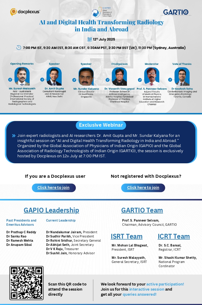 🧠✨ Join us for a power-packed webinar on AI &amp; Digital Health Transforming Radiology in India &amp; Abroad!
📅 12 July | 🕖 7 PM IST
🎙️ Experts: Dr. Amit Gupta &amp; Mr. Sundar Kalyana
🔗 Register: docplexus.com/open-webinar/1…
#Radiology #AIinHealthcare #GAPIO