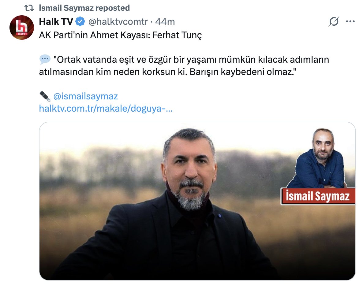 Süreçleri bilmeyince, beraber büyümeyince.. böyle ezbere başlık atıyor arkadaşlar:
"Ferhat Tunç AKP'nin Ahmet Kayası" 
Evlere şenlik bir yakıştırma olmuş.. Oysa her ikisi de çağdaş.. Ferhat Tunç'un genç Almanya yıllarında, Ahmet Kaya'dan önce kasedi var.. Sonra Türkiye'de eş