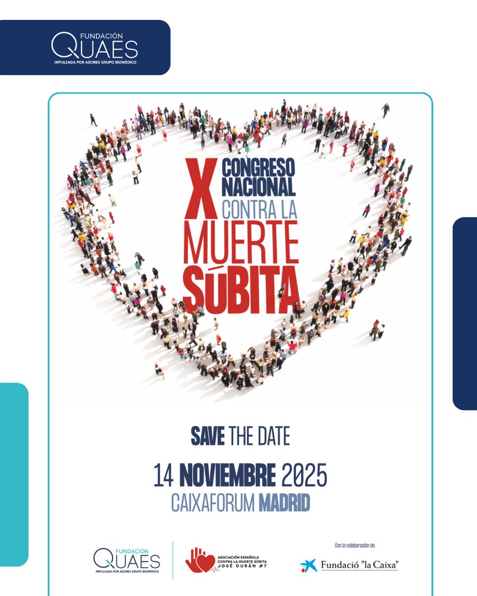 Fundación QUAES (@fquaes) on Twitter photo 📍 Ya tenemos fecha para el X Congreso Nacional contra la Muerte Súbita: 14 de noviembre en el <a href="/CaixaForum/">CaixaForum</a> de Madrid.
🫀 +35.000 familias afectadas cada año.
👩⚕️ Cardiólogos, expertos, educadores y deportistas se unen por la prevención.
Organizan @fundacionQUAES y Asociación 📍 Ya tenemos fecha para el X Congreso Nacional contra la Muerte Súbita: 14 de noviembre en el <a href="/CaixaForum/">CaixaForum</a> de Madrid.
🫀 +35.000 familias afectadas cada año.
👩⚕️ Cardiólogos, expertos, educadores y deportistas se unen por la prevención.
Organizan @fundacionQUAES y Asociación