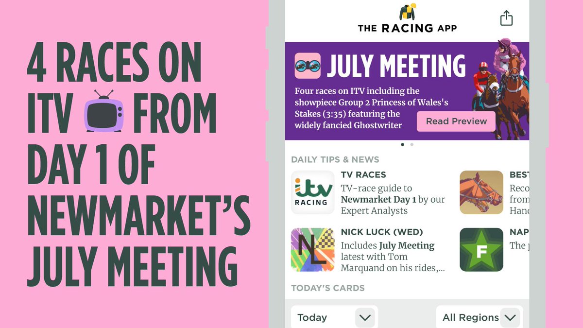 Newmarket July Meeting - Day 1
4 races on ITV including the showpiece Group 2 Princess of Wales's Stakes (3:35) featuring the widely-fancied Ghostwriter - don't miss out Analysts' predictions, plus Value Bets, Market Analysis and more! 
bit.ly/The-Racing-App