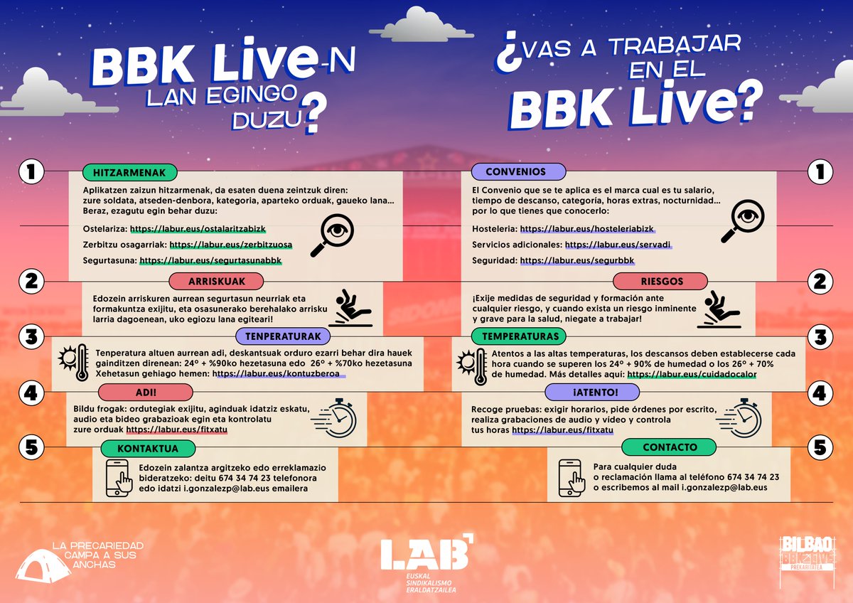 𝐁𝐁𝐊 𝐋𝐢𝐯𝐞𝐧 𝐥𝐚𝐧 𝐞𝐠𝐢𝐧𝐠𝐨 𝐝𝐮𝐳𝐮❓
Vas a trabajar en el #BBKLive?

Han edo beste jaialdi batean egiten baduzu, hemen dauzkazu gauza batzuk kontuan hartu behar dituzula. Edozein zalantza edo erreklamazio izanez gero, hurbildu sindikatura!
