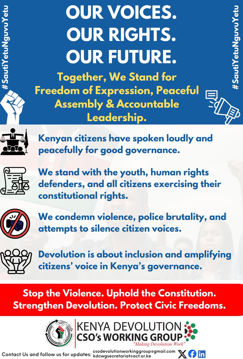 Our Voices Matter. Our Rights Are Non-Negotiable. 

Kenyans continue to peacefully demand good governance, accountability, and respect for constitutional freedoms.

Stay tuned for the official KDCWG Communiqué at 4:00 PM today.
#SautiYetuNguvuYetu #DevolutionForAll