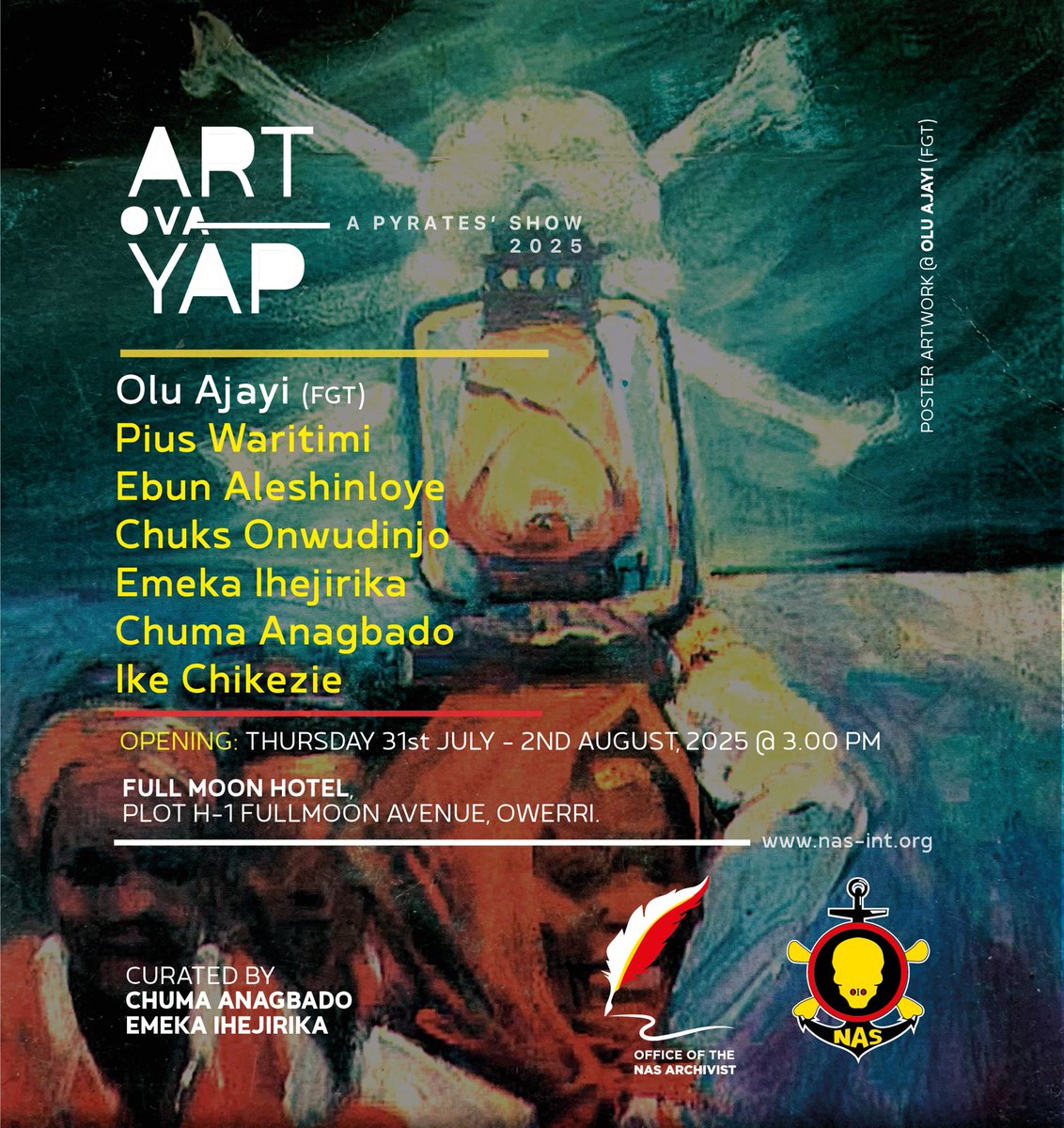 NASPC1952's tweet image. The National Association of Seadogs (Pyrates Confraternity) invites you to “Art Ova Yap”, its maiden annual Art Exhibition. 

This visual art showcase features the works of contemporary Nigerian artists exploring the themes of ‘Artvocacy’, Humanity and Egalitarianism. On display…