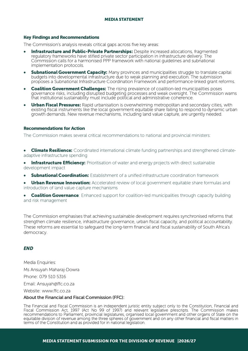 PMG (@pmg_sa) on Twitter photo Read the <a href="/Fiscal_Comm_RSA/">Financial and Fiscal Commission</a> Submission for the 2026/27 Division of Revenue
The FFC is an independent, juristic constitutional institution that reports directly to Parliament and provincial legislatures
ffc.co.za/_files/ugd/fa2… Read the <a href="/Fiscal_Comm_RSA/">Financial and Fiscal Commission</a> Submission for the 2026/27 Division of Revenue
The FFC is an independent, juristic constitutional institution that reports directly to Parliament and provincial legislatures
ffc.co.za/_files/ugd/fa2…