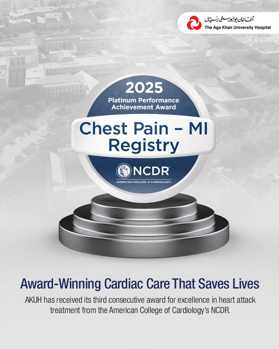 Proud to share that AKUH has once again received the Chest Pain–MI Registry Platinum Award from the American College of Cardiology  for excellence in heart attack care.

This is our 3rd consecutive international recognition — a testament to our team’s commitment to saving lives