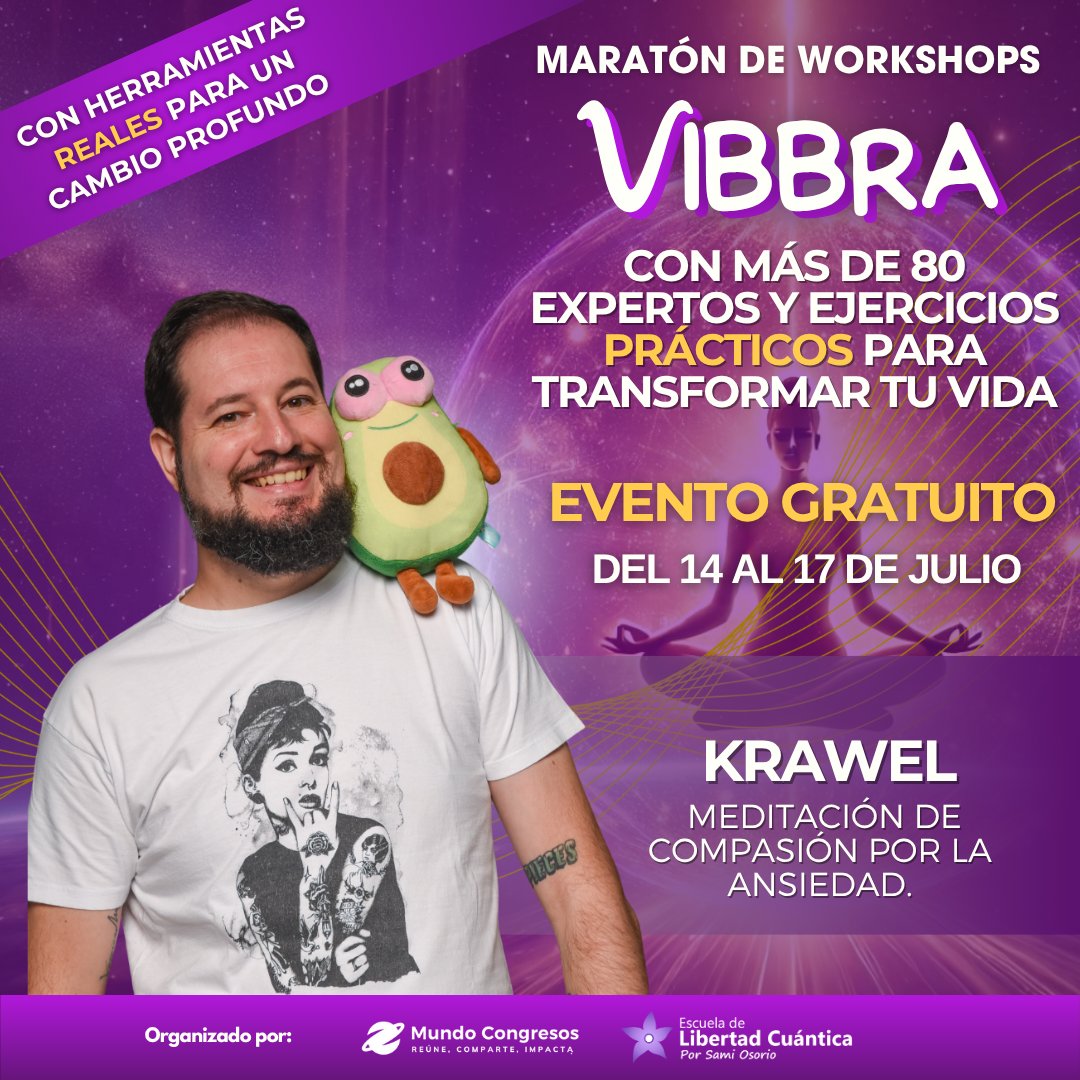 soykrawel's tweet photo. Hoy quiero invitaros a un evento que me hace tremenda ilusión y en el que participo como ponente💚

VIBBRA es una maratón de workshops con +80 expertos en crecimiento personal ✨

Mi ponencia se llama “Meditación de compasión por la ansiedad” https://t.co/P2AQW9aBcv