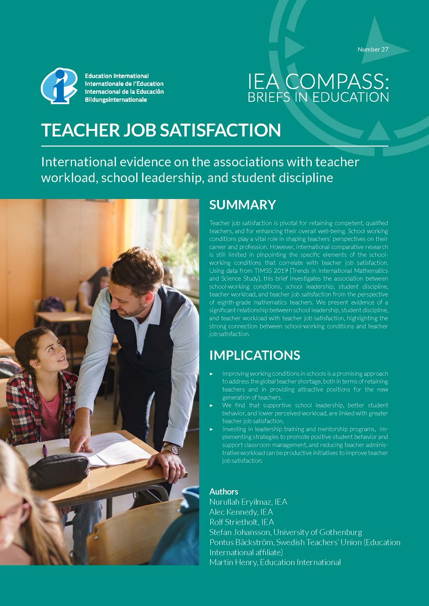 iea_education's tweet image. 🧭A new IEA Compass: Brief in Education has launched today!
Authored in collaboration with @eduint, this edition in the series discusses how school-working conditions, school leadership, student discipline, and workload impact teacher job satisfaction using data from #TIMSS2019.…