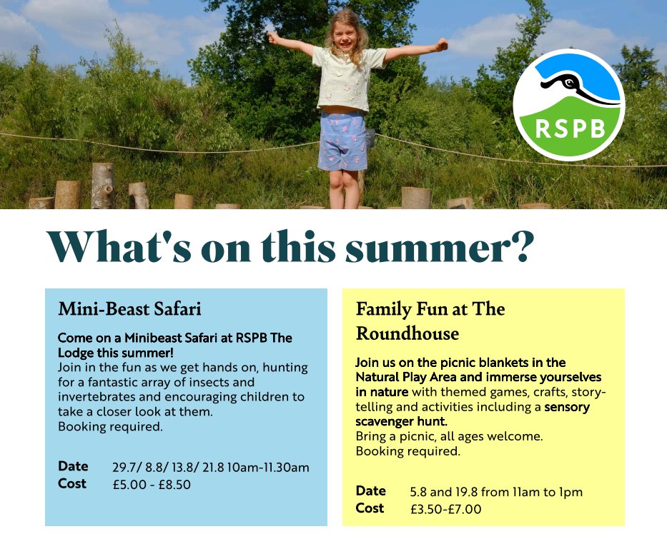 Helping you to sort your summer plans with your children with this recap of our ticketed events. 😎 

We got Minibeast safaris: who's going to find what? 🐛
And we got picnics packed with all sorts of fun activities. 🧺

For info &amp; to book tickets visit 👇
events.rspb.org.uk/thelodge