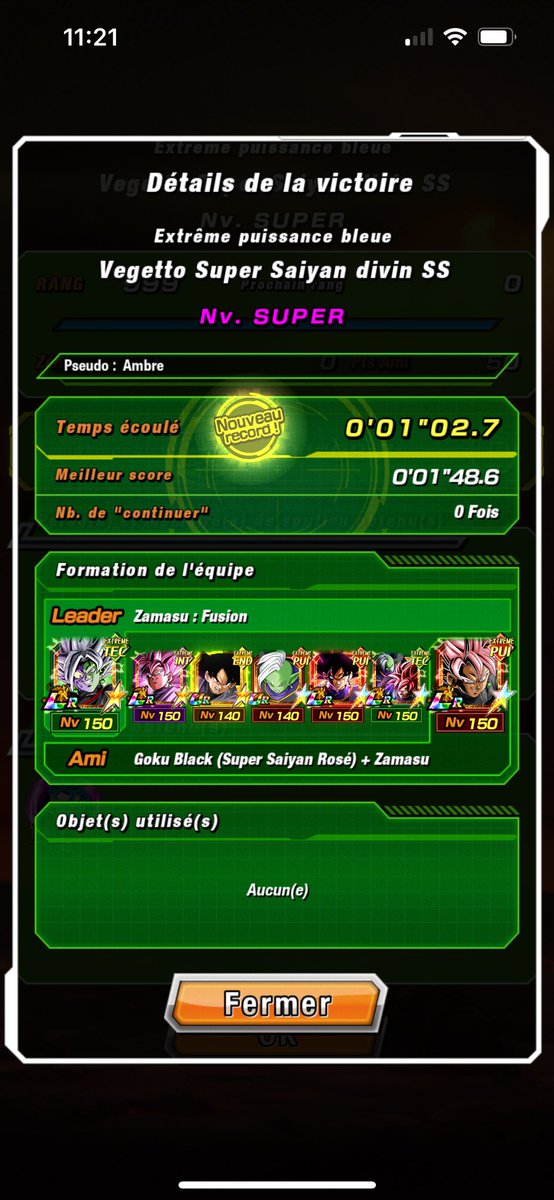 Ma team pour le super ztur de Vegetto blue end ! ✨ #DokkanBattle

Missions : 
• 4 persos Chaos mondial
• 3 persos ayant effectué l'éveil Z-suprême
• 4 min max