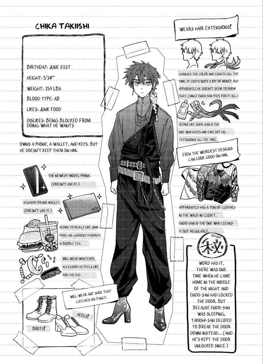 Windbreakerthfc's tweet photo. ข้อมูลเพิ่มเติมของEndo　กับTakaishi
-อยู่ด้วยกัน มีวันนึงจิกะกลับบ้านแต่เอนหลับไปแล้ว เข้าบ้านไม่ได้ เลยพังประตูเข้าไป
-ใช้เสื้อผ้าร่วมกัน เอนโดจะให้จิกะเลือกก่อน
-เอนสักเยอะเพราะจิกะชอบมองเอนโดกำลังสัก เจ้าตัวอยากเห็นจิกะมีความสุขเลยไปสักมาสะเยอะ

จากหน้าแถมในมังงะWind Breaker https://t.co/7ByF10shbg